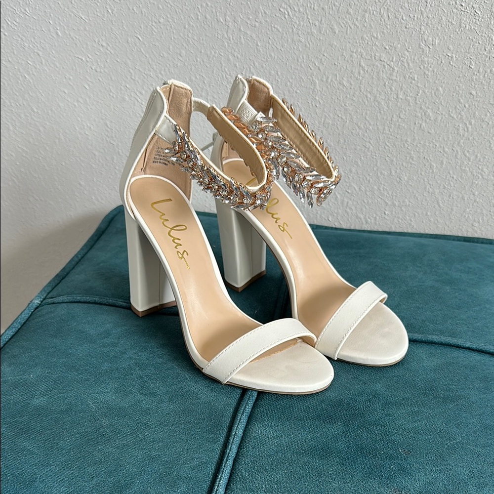 Lulu's White Block Heel Sandals with Embellished jewel straps